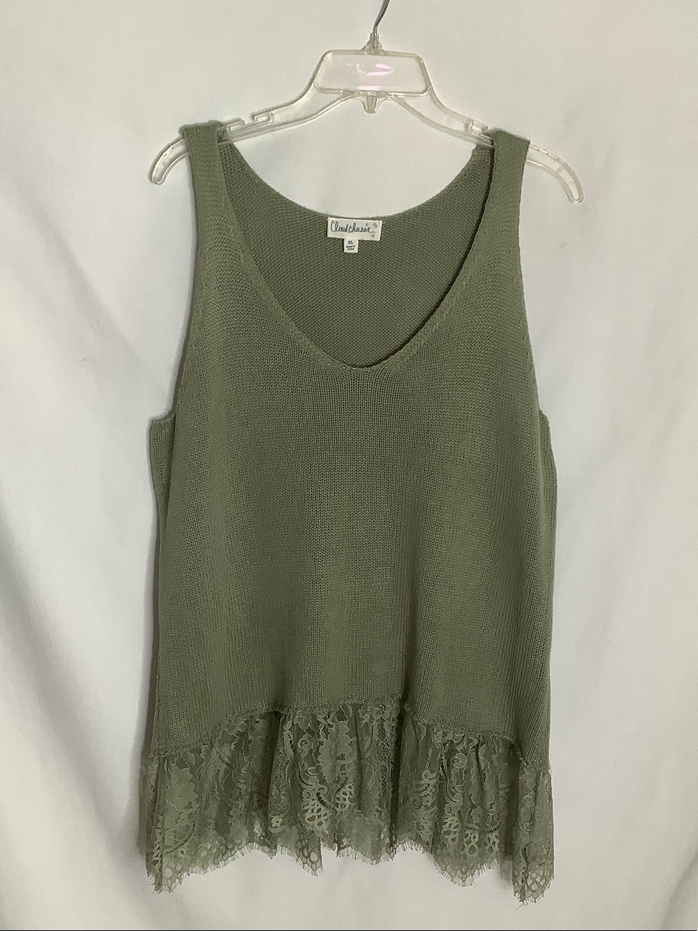 Olive Green Lace-Hem Sleeveless Knit Tunic Tank Top Size XL